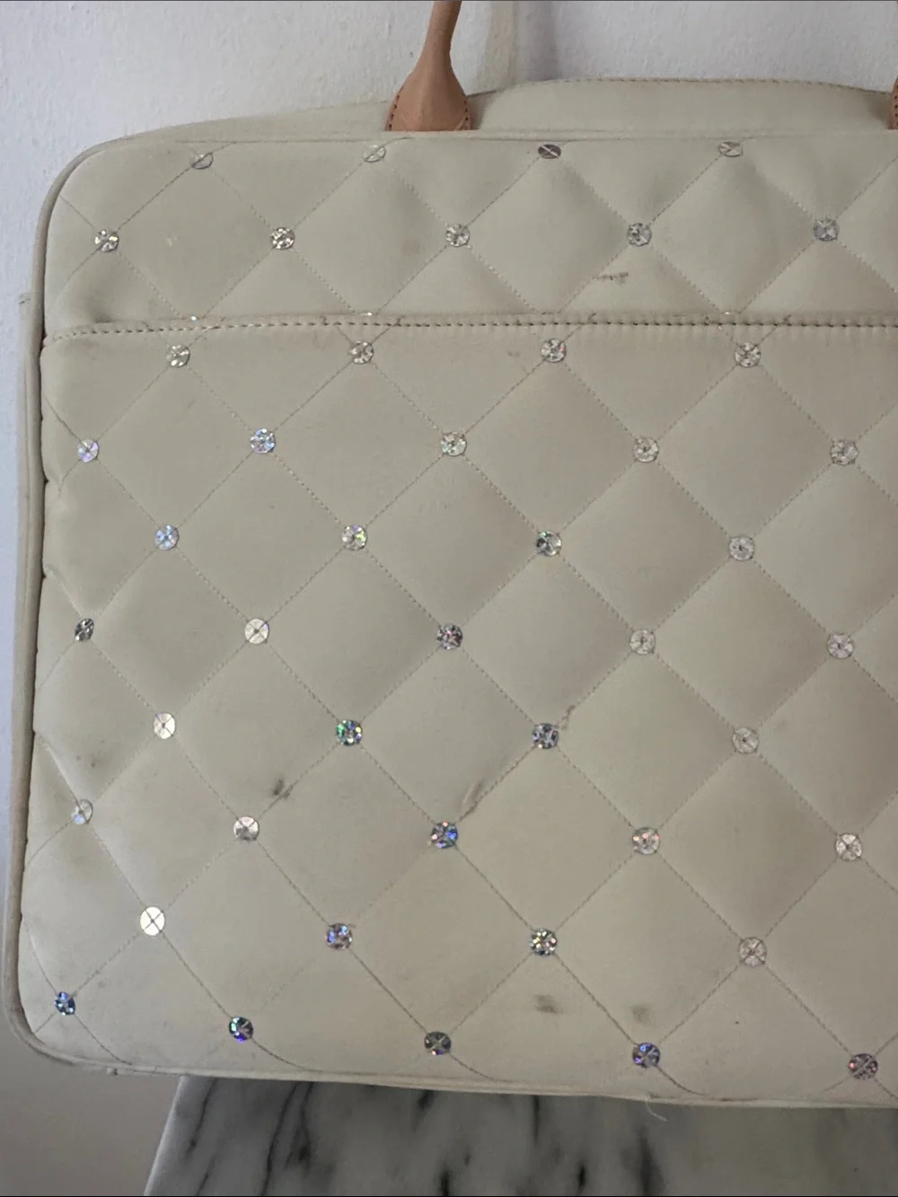 Abbi Cream Quilted Laptop Bag with Crystal Studs and Tan Trim